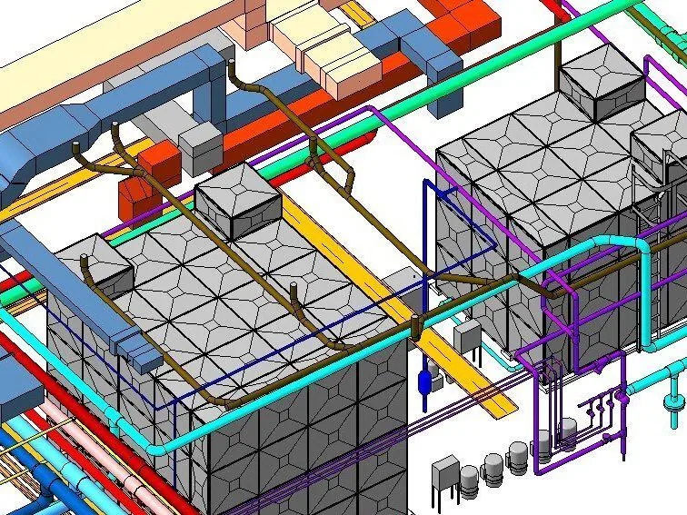 MEP engineering services drawing showing coordinated ductwork, piping and electrical routing